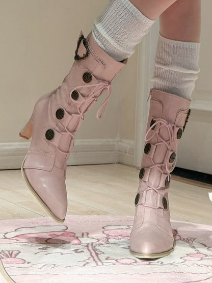 PU mit Lederspitze, spitze Absätze, Schnürstiefel, Lolita Sakura, wadenlange Details, rosa Design, Schnalle –