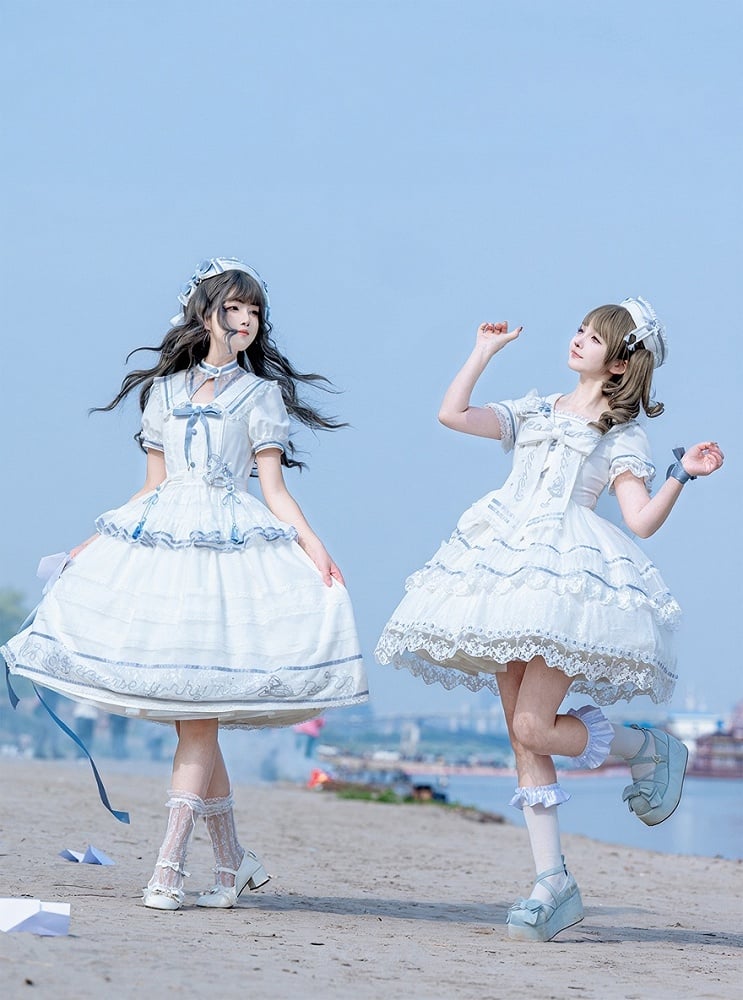 Ivory and Azure Stitched Sailor Gown with Detachable Collar - Honey Machine