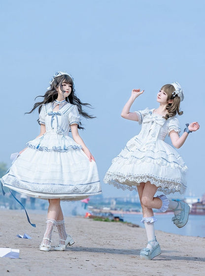 Ivory and Azure Stitched Sailor Gown with Detachable Collar - Honey Machine