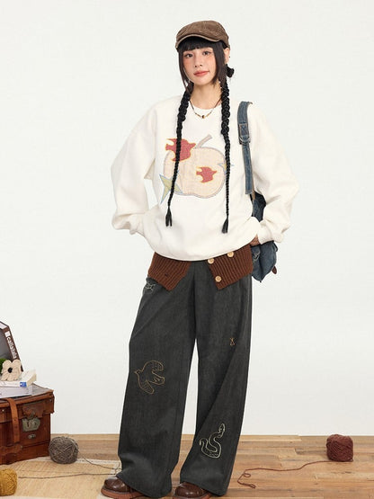 Pants Straight-leg Dark Vintage Gray Cut Animal - Embroidery Cute