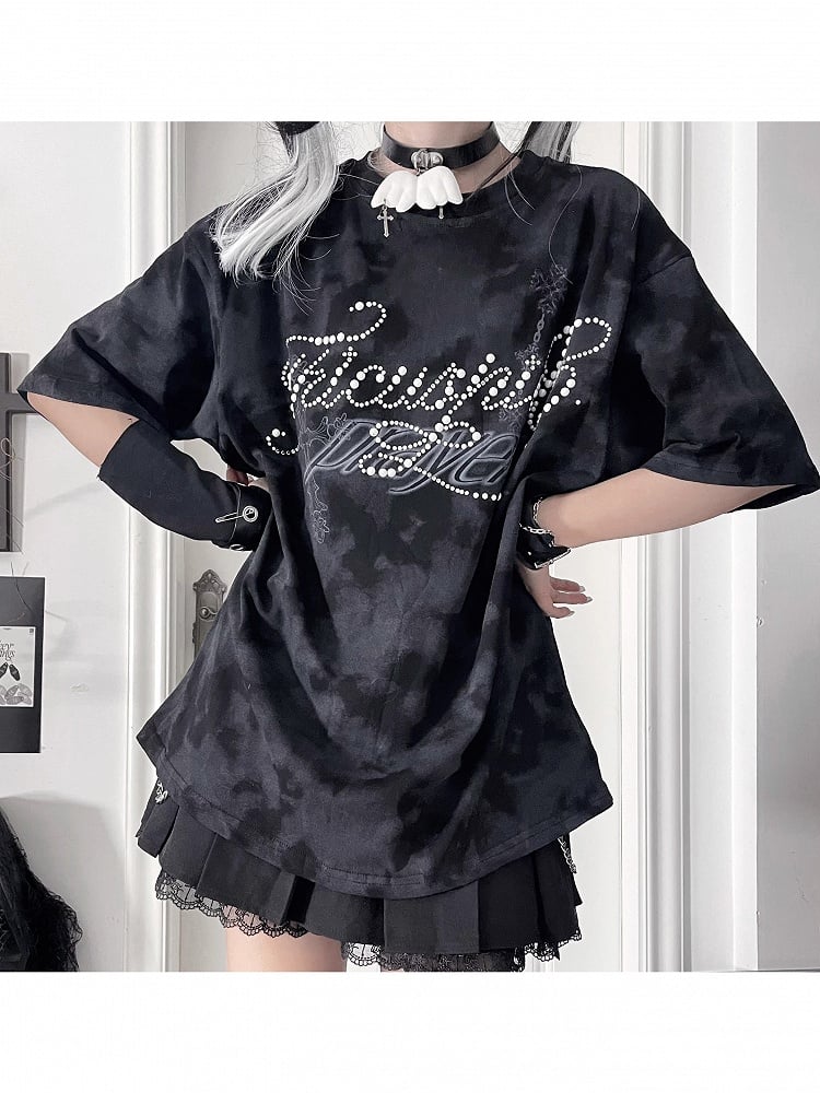 Tie-Dye Short Beaded Lettering Punk Black Cross Sleeve Print T-shirt with
