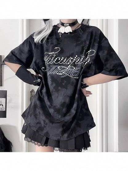 Tie-Dye Short Beaded Lettering Punk Black Cross Sleeve Print T-shirt with