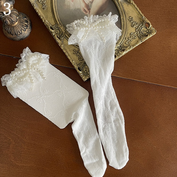 Semi-sheer White Socks/Lace Loop Stockings/Floral Bowknot Lace Leg Trims Tights/Beaded Stockings/Tulle Underknee Pattern