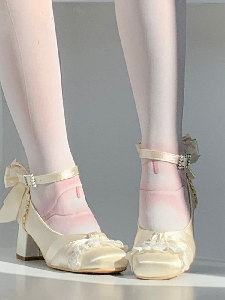 Mary Janes Lace Trim Mid-heel Satin Beaded Detachable Beige Chain -