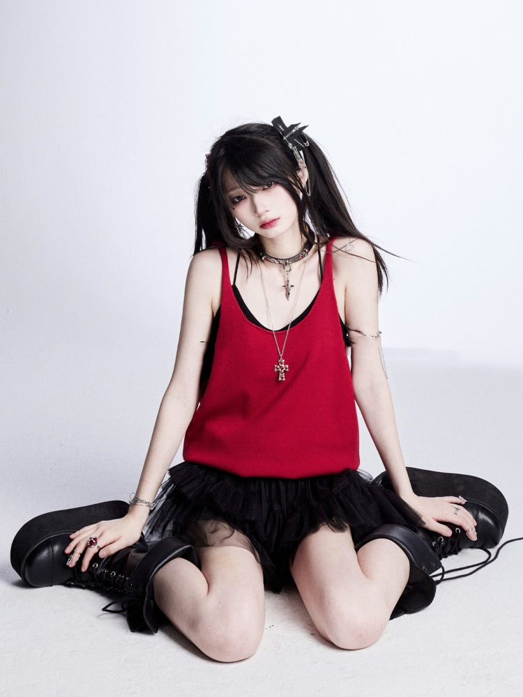 レッド/グレーのグラマラストップ、バックレスニットタンクトップ