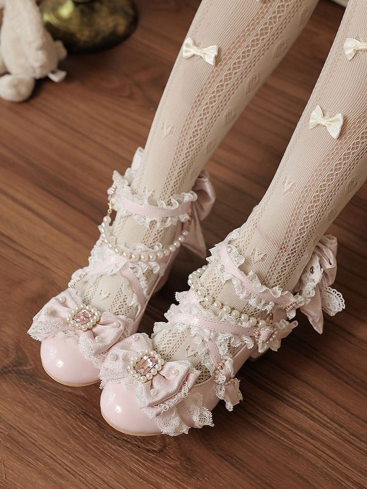 Pink Bowknot & Crystal Embellished Round Toe Lolita Shoes with Heart Buckle and Pearl Chain - Sheep Puff