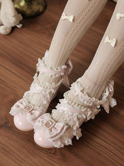 Pink Bowknot & Crystal Embellished Round Toe Lolita Shoes with Heart Buckle and Pearl Chain - Sheep Puff