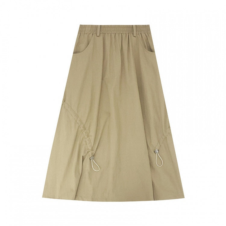 Vintage with Silhouette Design Drawstring Khaki Shirt A-Line