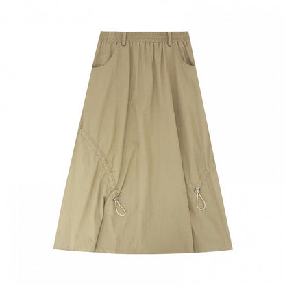 Vintage with Silhouette Design Drawstring Khaki Shirt A-Line