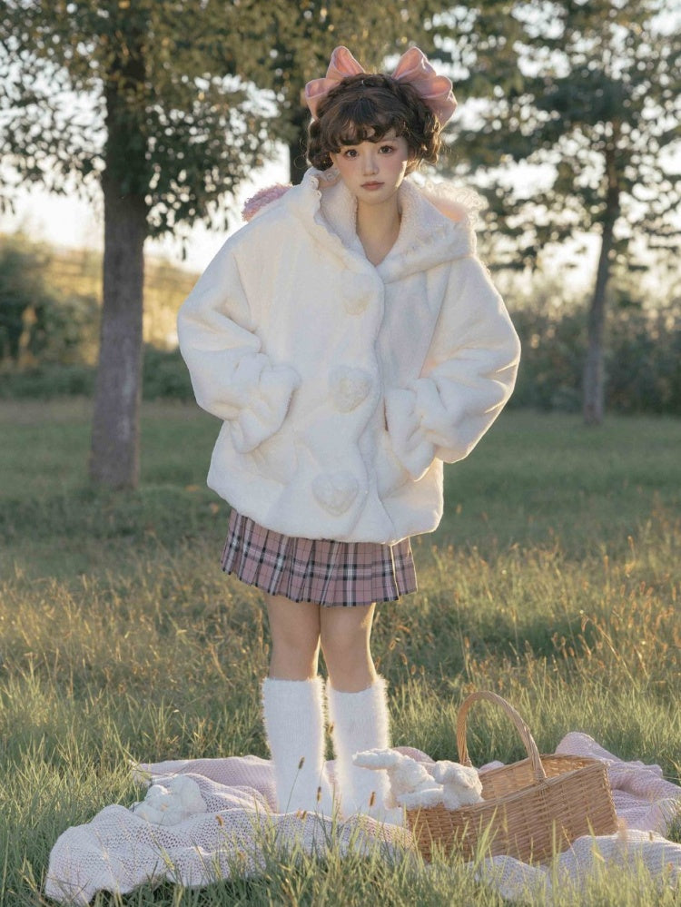 白いキュートなラムの耳付きフード付き冬用着心地の良いプラッシュコート