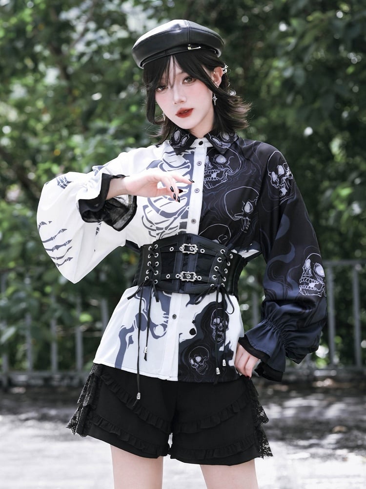 Gothic Black and White Balloon Sleeve Shirt with Asymmetric Skeleton Print - Quirky Hut