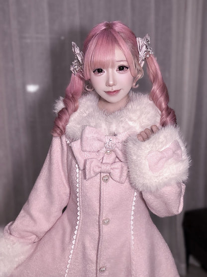 Long Landmine Cuffs Style Collar with Bow-Detailed Coat Waist-Cinching Pink Furry