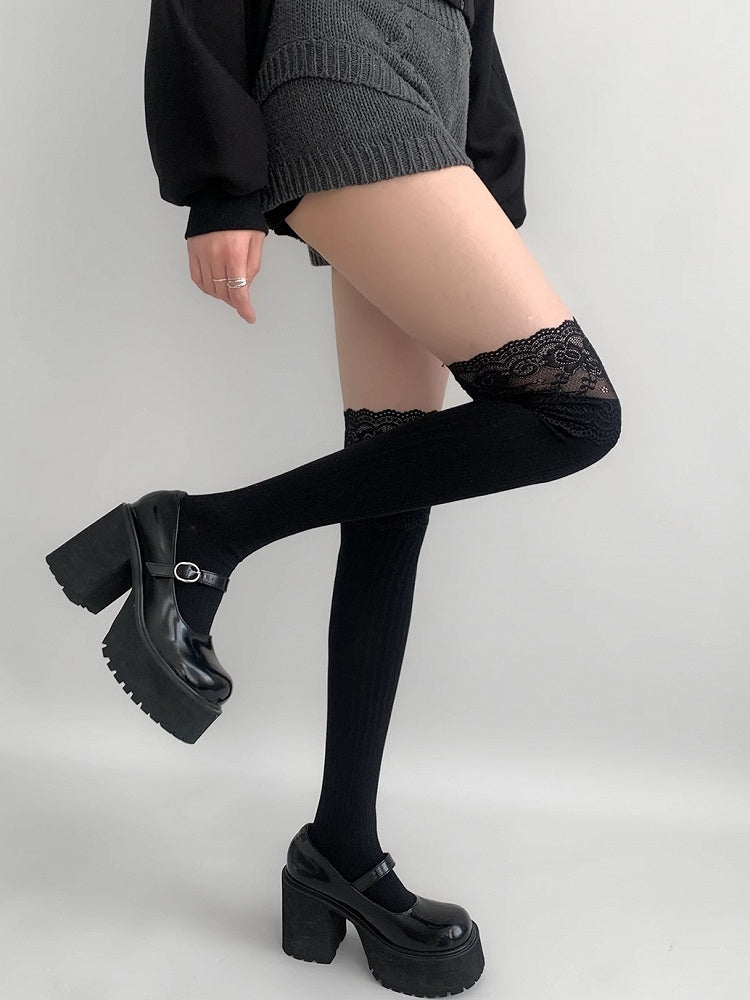 Spitzenstrümpfe mit Overknee-Besatz in Grau/Beige/Hellgrau/Weiß/Schwarz/Dunkel