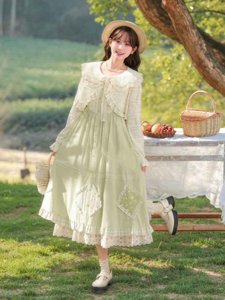 Mori Kei Green Floral Applique Sleeveless Dress