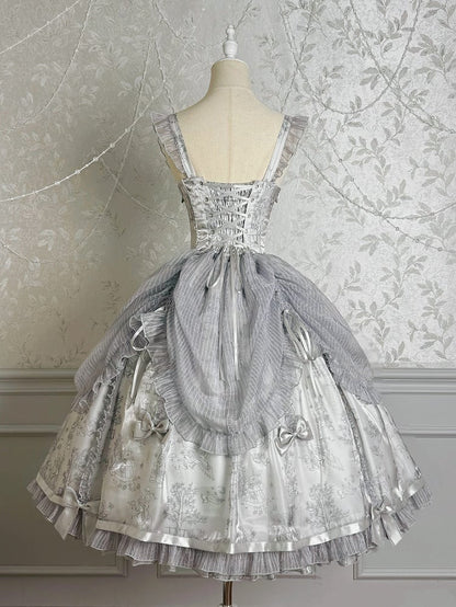Gray Lolita Silver Skirt Corset Waist Jumper Overlay Drawstring
