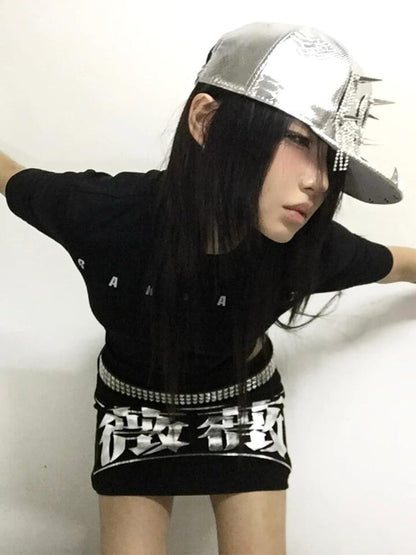 Letter Black Slim-fitting T-Shirt Print with