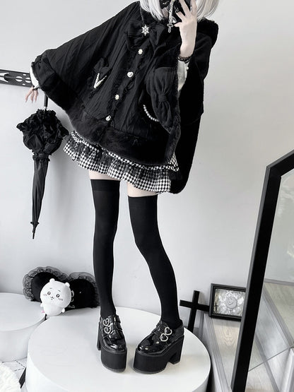 デザイン取り外し可能なプラッシュケープ、蝶結びフード、ジライケイブラックバニーイヤー