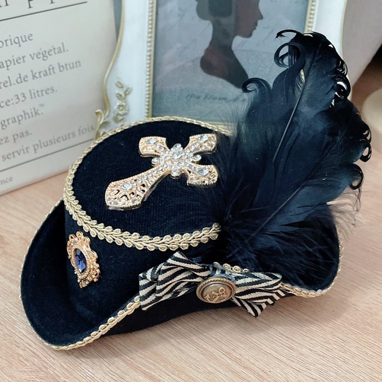 Blue/RedBlack/ All Decorated Rhinestone Feather Cross Pirate Mini Hat Black