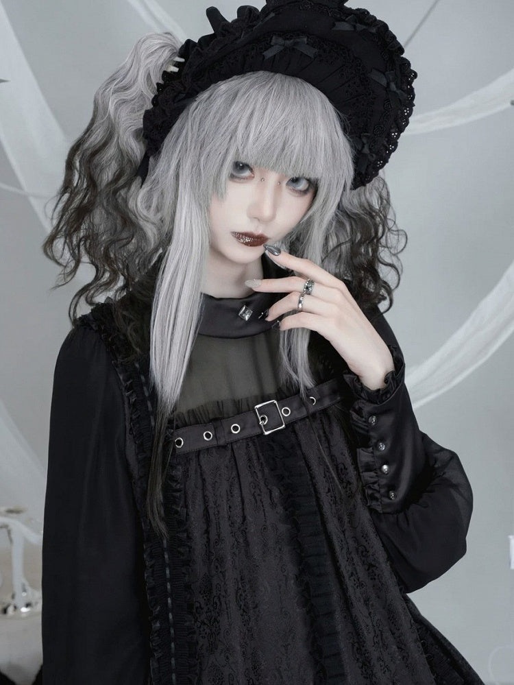 Black Gothic Lolita Pleated Dress with Round Collar, Lace and Metal Accents - Kuroya