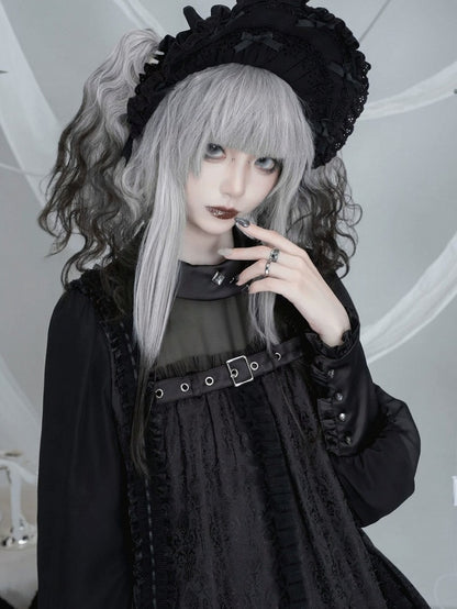 Black Gothic Lolita Pleated Dress with Round Collar, Lace and Metal Accents - Kuroya