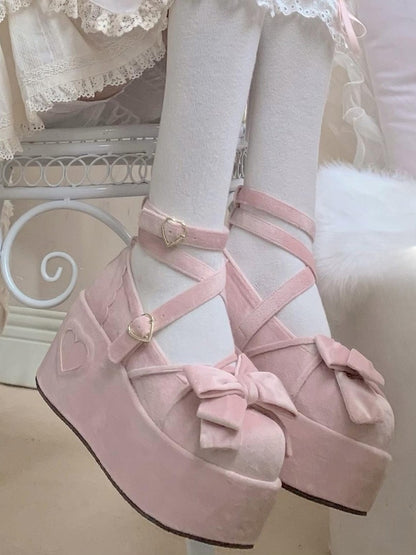 Accents Bow - Sweet Platforms Pink Velvet Lolita
