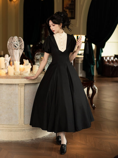 Elegant Neckline Beige Dress Waist One Piece Ruffle Sleeves Short Lolita Slim Black