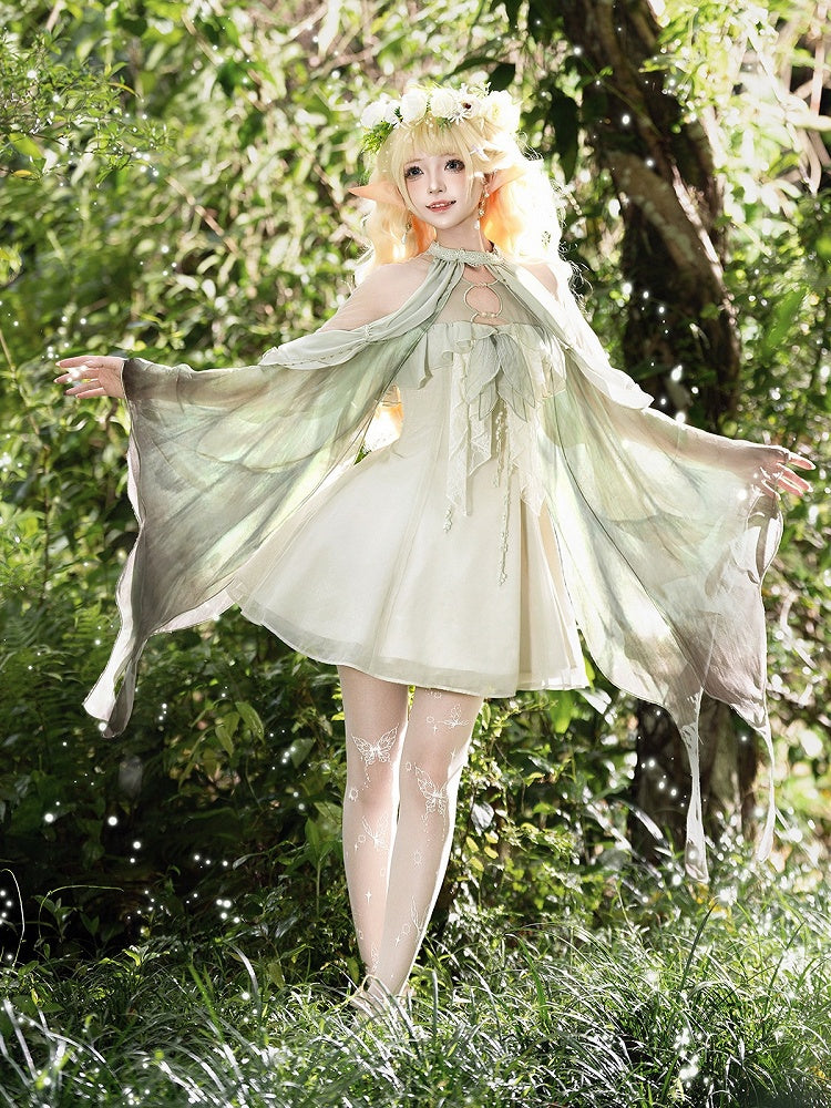Mori Fairy Green Beige Halter Lolita Gown with Cutout Lace Accents - Unknown Star
