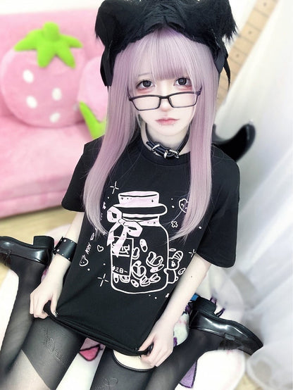 Yami Medicine Black Print Kei T-shirt Bottle Pink Jirai