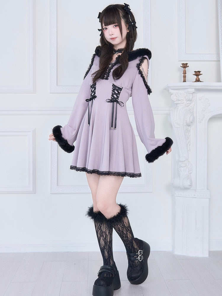 Trim Hoodie Jirai Cutout Contrast Purple Kei Chains Dress: Shoulder Beaded Black with Plush