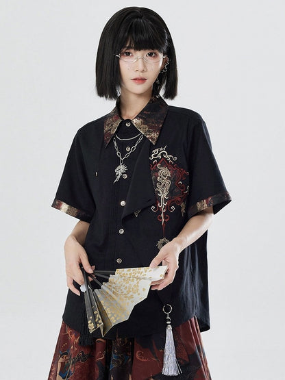 Embroidered Dragon Short Sleeve Shirt - Qing Tang Original