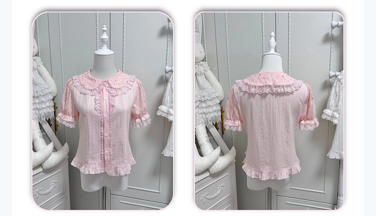 Pink Short Sleeve Lolita Cotton Blouse with Lace Bead Details - Jelly Girl