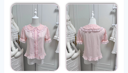 Pink Short Sleeve Lolita Cotton Blouse with Lace Bead Details - Jelly Girl