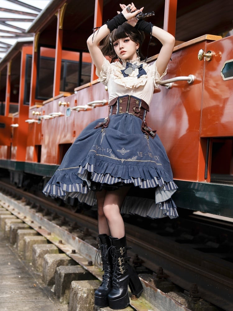 Aprikosenfarbenes Hemd mit Rüschenausschnitt + brauner Korsettgürtel + blauer Rock Steampunk Lolita Set