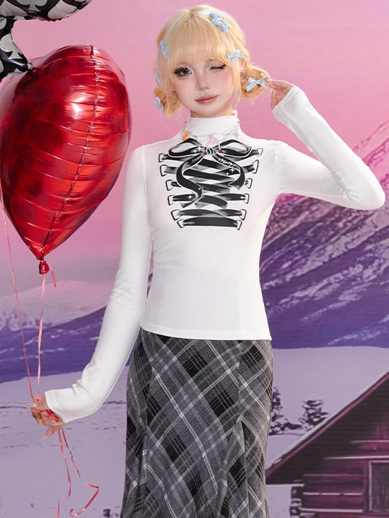 White Bow Lace-Up Print High Neck Long-Sleeve Top
