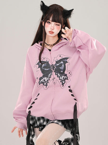 Apricot/Pink Bat Wings Bow Print Zip Hoodie
