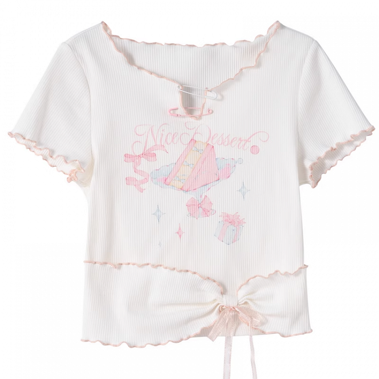 Sweet T-Shirt Big Hem Lettuce Hem White Cake Print Neckline Pins Bow