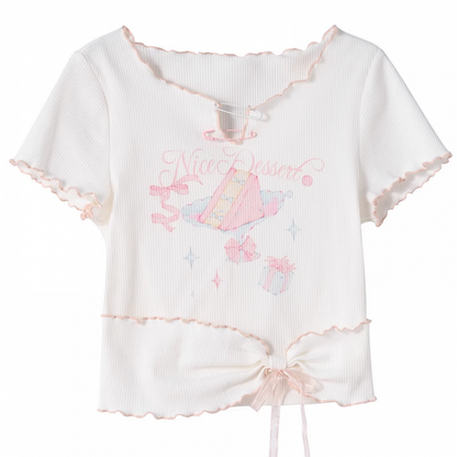 Sweet T-Shirt Big Hem Lettuce Hem White Cake Print Neckline Pins Bow
