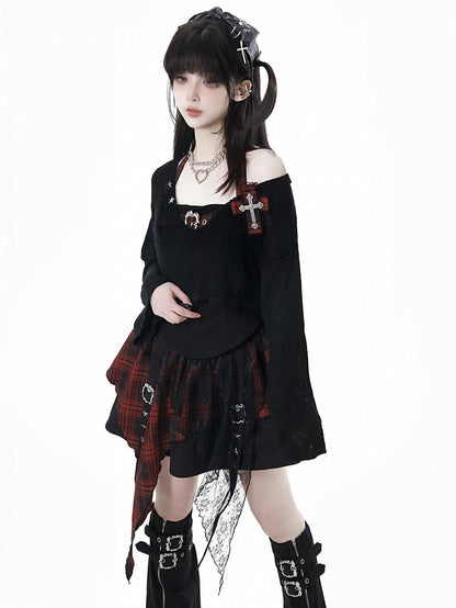 Red / Lace Buckle Straps Handkerchief Plaid Studs Star Core with Idol Hem Y2K - Black Skirt