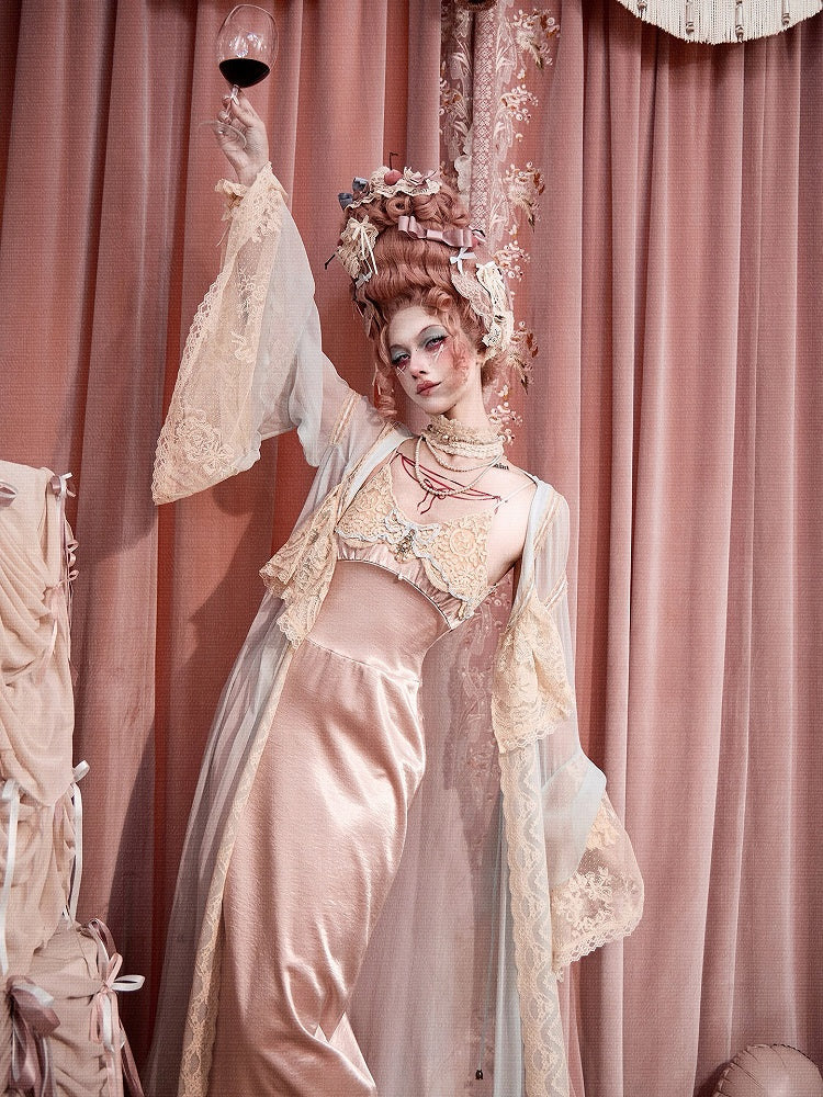 Baby Blue Bell Sleeve Flared Robe with Apricot Lace Details - Blood Supply