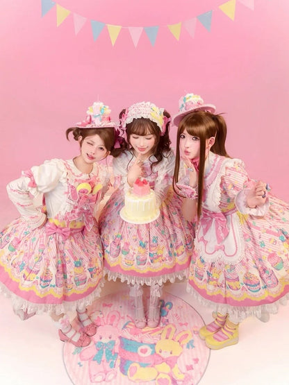 Bunny Cupcake Sweet Lolita Yellow Pink and Dress Overall Print