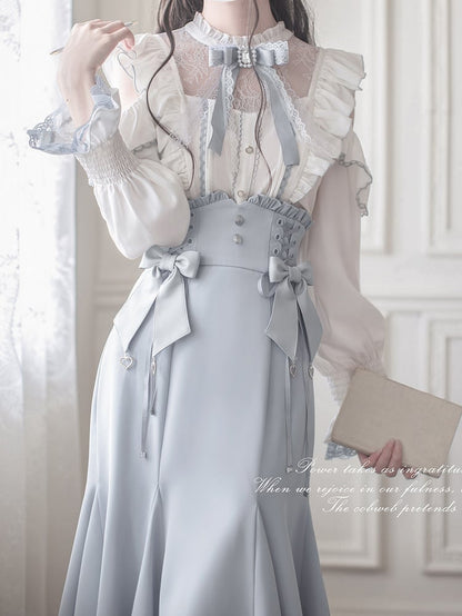 Ribbon Jirai Rhinestone Tie Lace Kei Light Bow Blue with Beaded