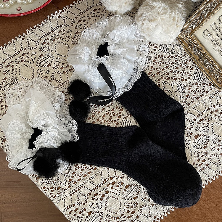 Socks Ruffle Multi-Layer Pom-Pom Lolita with 3 Colors Decoration