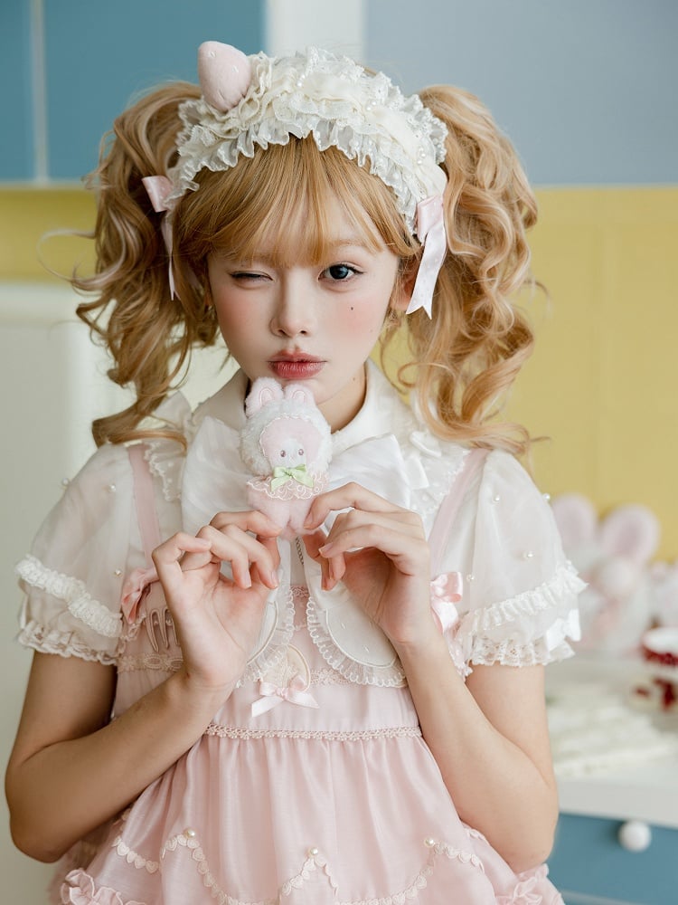 Pink Strawberry and Bowknot Accents Beige Hairband