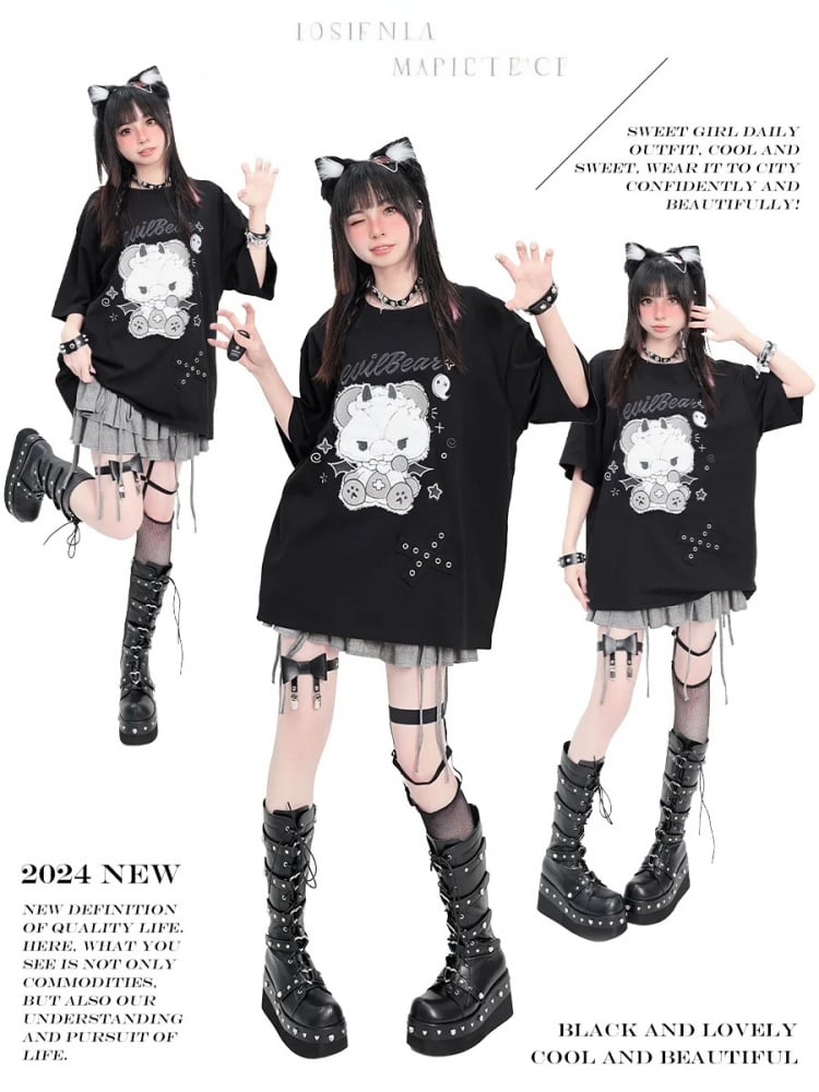 ブラック イービル キティ プリント Tシャツ