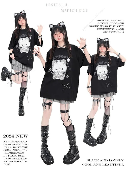 ブラック イービル キティ プリント Tシャツ