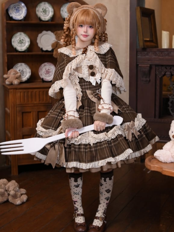 Winter Lace and with Lolita Trims Accents Brown Bow Dress Plaid
