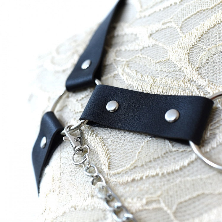 ブラックサイバーパンクPUストラップチェーンハーネス