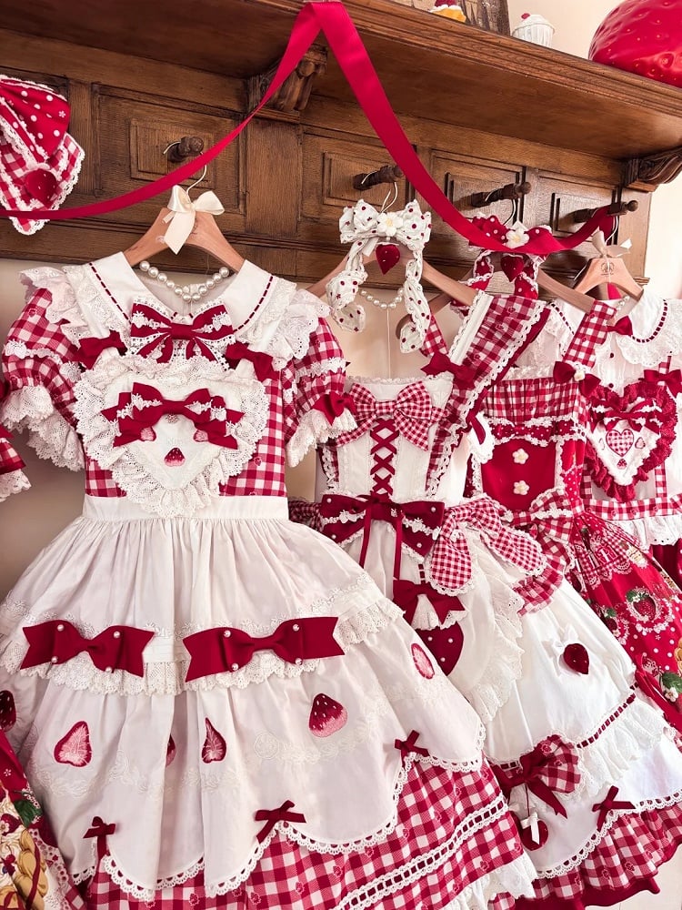 Lolita with Sleeves White Red Puff Dress Gingham Sweet Strawberry Print
