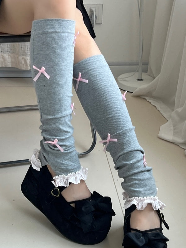 ダークグレーのブロケット リボン結び フリル袖口 レッグウォーマー