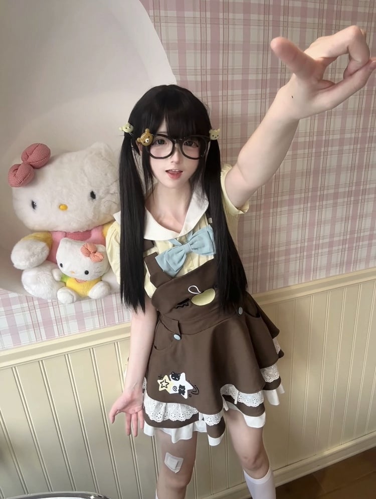 Brown Overall and with Dress Trim Lace Embroidery Bear
